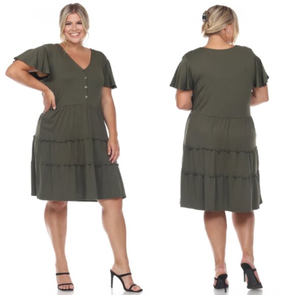 White Mark Women's Plus Size Short Sleeve V-Neck Tiered Midi Dress Olive 1X NWT - Picture 1 of 4